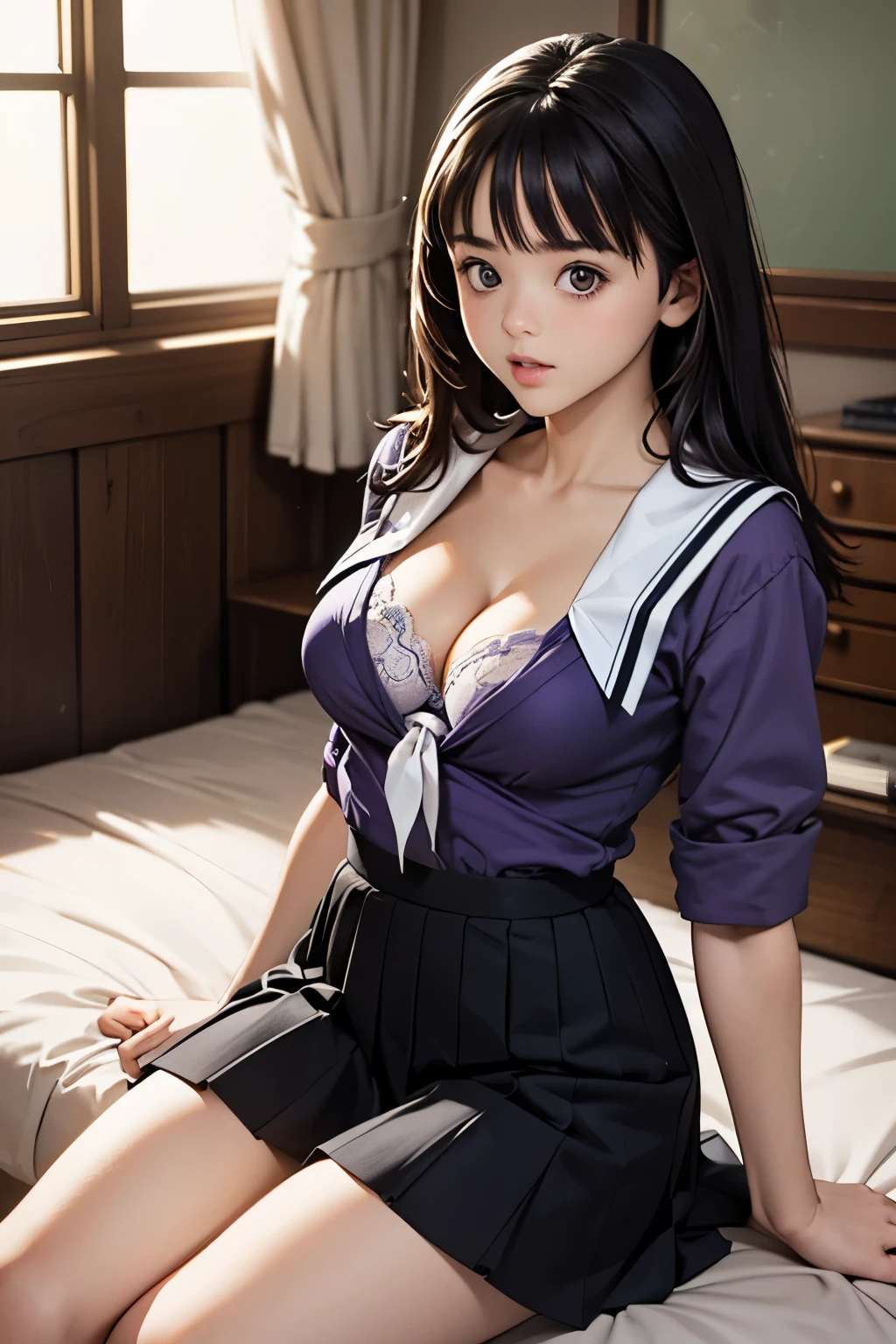 (8k、Highest quality、masterpiece:1.2)、(Realistic、Ultra-detailed、Ultra-high resolution、Beautiful detailed face,Perfect body,(One girl,Long black hair),(school uniform,Sailor suit,[Purple Shirt,Navy Skirt,White Thailand),Cleavage,(Bedroom,underwear,bra,Big Breasts)