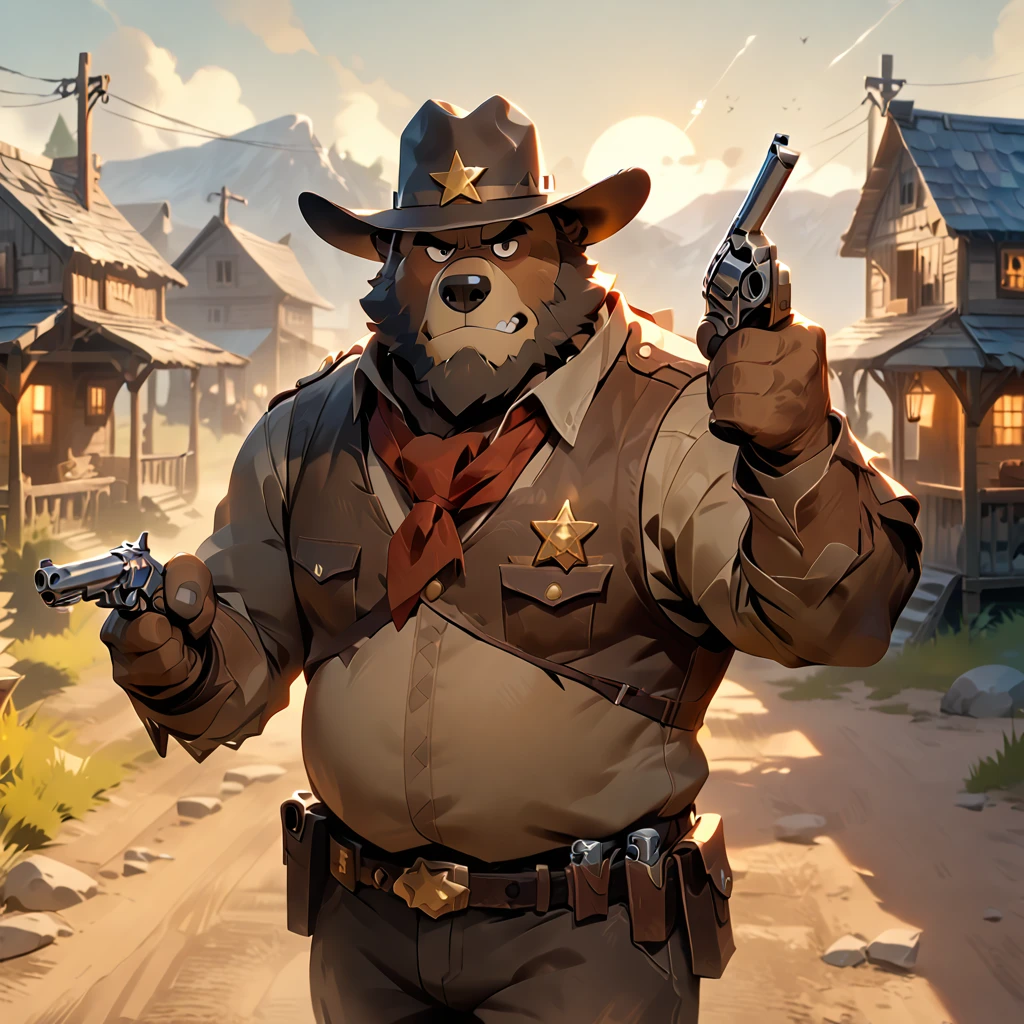 masterpiece, best quality, very aesthetic, absurdres, BREAK [face:full body:0.25], from above, sheriff, plump middle-aged western bear man, fluffy body, brown eyes, beautiful beard, male face, big face, square jawline, male eyes, sharp eyes, big eyes, male eyebrows, innocent look, BREAK sheriff's hat, pistol, revolver holster, gun duel, BREAK [simple background::0.25], evening sun, western village, outdoor, 