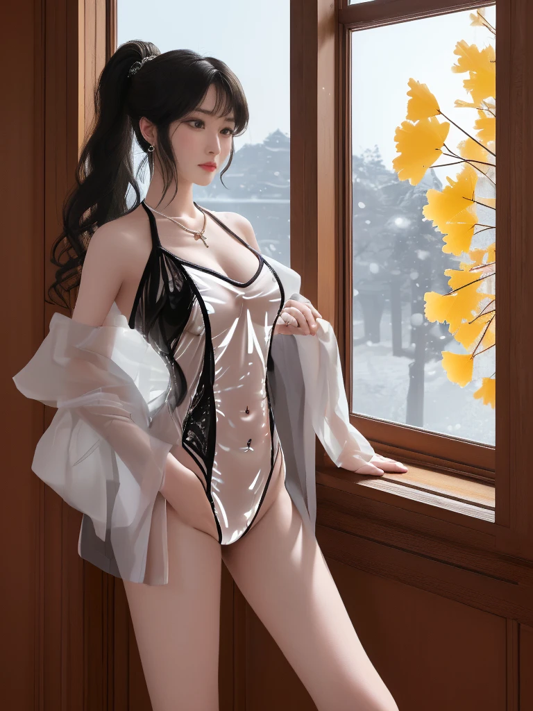 一个有着美丽脸庞的Sexy中国华裔女孩, Wear a transparent men&#39;s shirt, ((Glowing blue iris,))
(((night, By the living room window, Outside the window is the autumn ginkgo tree, Ginkgo leaves all over the ground))), 
((8K Ultra HD, 8K, Ultra high resolution, best quality, Super Fine, Clear focus. Masterpieces, complete pattern, Ultra HD, Detailed photos, Best image quality，Ultra-clear，Delicate facial features，Well-defined, Highly rated works, Close-up depth of field photography, Above the knee, bilateral symmetry)), 
((Creating the image of a real girl), Realistic shadows, Soft lighting, Dynamic Angle, Dynamic poses, Elegant Posture, Cowboy lens, Full body front view, Be confident, Facing the camera, Eyes looking towards camera lens, Standing posture, Open your legs slightly, Golden Ratio Graphics, Minimalism, Center the character), 
( Smile, Sexy的, Balanced Eyes, Realistic eyes, eyes in beautiful detail,Pretty Face, (Realistic face), Normal facial features, Realistic skin, Attention to skin details, Skin is clean and radiant, Whitening, Anatomically correct body, Golden ratio figure, Sexy的身材), 
(Perfect makeup, Gloves, earrings, bracelet, necklace, Jewelry, Hair accessories, shawl, sock, Knee socks, 吊garter, Leg ring, garter, 腿部garter), 
((beautiful hair), Deep black hair, Wavy curly hairstyle, Waist-length hair, Messy Hairstyle, Gradient hairstyles, Cyberpunk hairstyle, Double high ponytail hairstyle), 
((Transparent clothes: 1.5), (Revealing clothes: 1.5),  (Wet clothes:0.5), (Color of clothes: Dreamy pink), Wear transparent clothing), 
(Sexy的, Perfect breast shape, Teardrop chest shape, Snow-white breasts, very detailed breasts, 36B cups), 
(Super high waist, Deep V, Low-cut, Sexy, Flattering, Open crotch, (Camel toe, High fork strangulation))