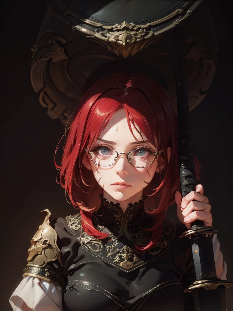 a fierce woman with long red hair, glasses, scars on cheeks, wild clothing, holding large sword, intense gaze, fantasy scene, digital painting, dark fantasy, intricate details, dramatic lighting, vibrant colors, cinematic composition, (best quality,8k,highres,masterpiece:1.2),ultra-detailed,(realistic,photorealistic,photo-realistic:1.37)、Composition viewed from below