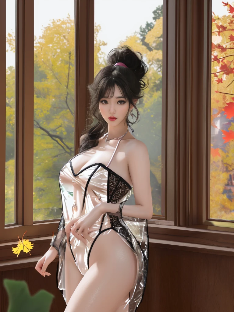 The art depicts a charming woman dressed in a flowing,  oriental transparent dress, decorated with sexy patterns and bright colors. Showing small round ass, Her transparent dress drapes elegantly over her curvy figure, accentuating her seductive silhouette. She stood gracefully in the quiet moonlit night, bathed in the soft glow of the moonlight. The scene exudes an ethereal and dreamy atmosphere, with a touch of mystery and sexiness. The graphic style blends watercolor and digital illustration techniques to evoke a refined beauty and charm. The lights are filled with soft moonlight, casting soft highlights and shadows on her charming features. Bare buttocks, three-dimensional facial features, lying on bed, clear eyes, topless, nipples visible,full body,