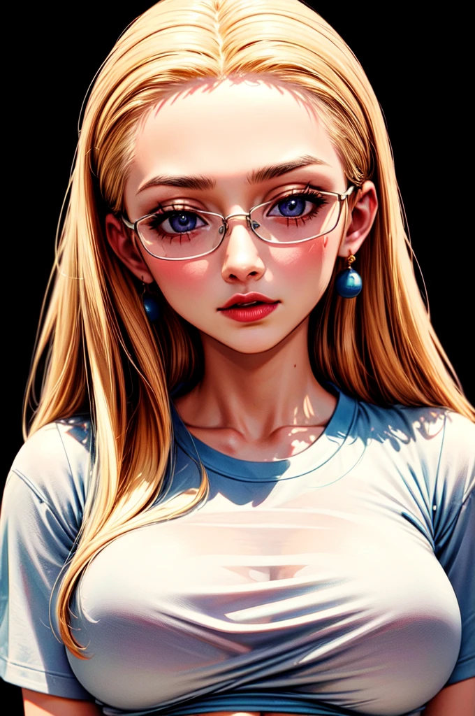 ​masterpiece, (Ultra detailed background, delicate pattern, complicated details), (Very detailed, fine details), best quality, beautiful lighting, (((medium breasts, slim girl))), (portrait, face shot),  KalifaV2, 1 girl, alone, blond hair, Long hair, (white T-Shirt, simple t-shirt, Glasses, Jeans), blue eyes, jewellery, ear rings, complex detailed background, sexy Pose, big boobs, NUDE, nsfw