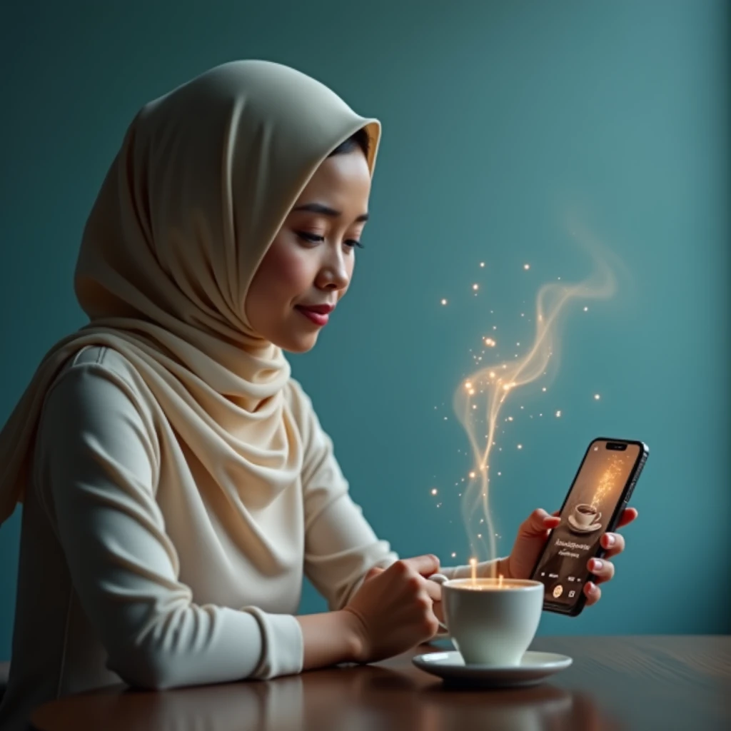 A realistic islamic hijab woman is in a smartphone in 3D and she is holding and serving coffee from a kettle to a man who is outside the phone sitting, night cafe background, realistic, 3D, 4K, professional