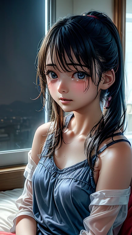 High resolution, Highest quality,  super high quality, Ultra-detailed, Cinematic lighting、living room、Swimsuit、、Embarrassing、Sweaty、Sweat、Eyes from below、Girl seen from the floor、Low angle、 See through、