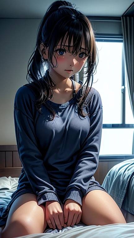 irrational solution, High resolution, (masterpiece: 1.4), Very detailed, (((Detailed face, Detailed Expression)), Two Girls, Girl and Girl, friend, best friend, classmate, relax, ponytail, Bob, sitting on bed, Sitting on the floor, two people having a conversation, Room Background, friend, Relatives and friends, Home, 1k, Small room, curtain, bed, tv set, mechanical, Loungewear, Kyoto Animation, Kyoto Animationの雰囲気, (Tears in my eyes)