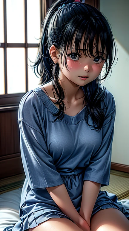 best quality, ultra-detailed, super detailed skin, cinematic lighting, sumifuji, medium hair, braid, blunt bangs, glasses, purple shirt, short sleeves, black skirt, bed, sitting, indoors, looking at viewer,