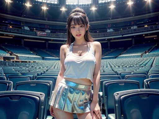 (realistic, photo-realistic), (a Japanese woman), (glamorous, tanktop, micro mini skirt, cleavage, audience seats of stadium), (Skin glistening with slimy sweat, Luminous skin, Shiny glowing skin)