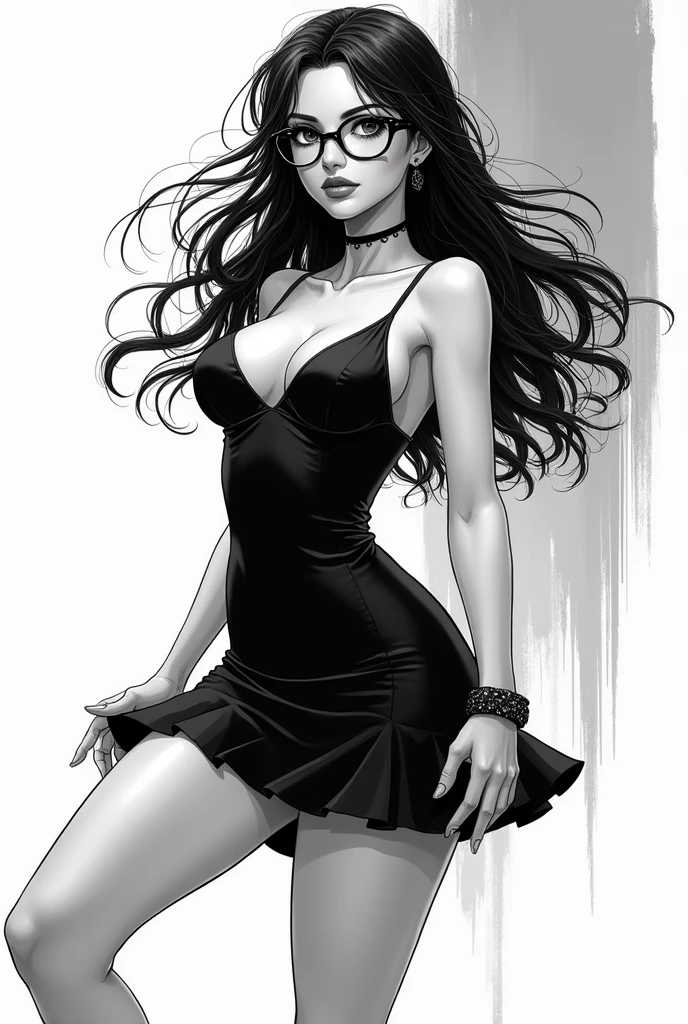 4k, best quality, Woman with black hair, long low-cut dress, large breasts, white woman, long hair, full lips, Sexy Woman, with a dark look, Elvira, Boris Vallejo style drawing