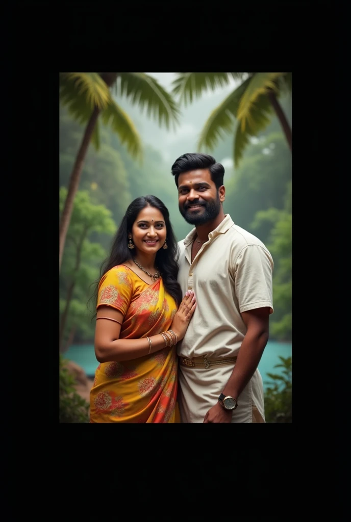 man and women looking at camera, malaysian indian, tamil, a beautiful couple romantic pose n and beautiful woman, Embraced, field, , cuddleso men, back to back, 4k, illustration, digital drawing, animification,y, couple, illustrate,