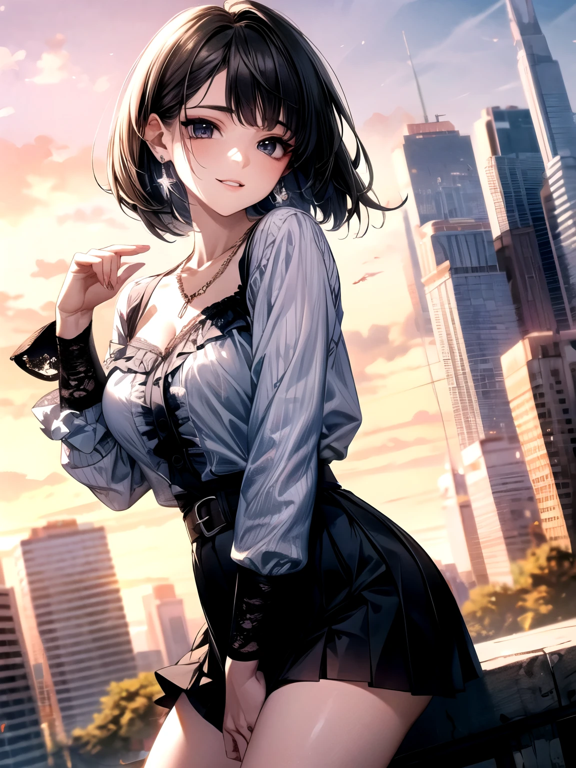 (masterpiece, highest quality, extremely detailed CG), perfect pixel, one girl, cute, perfect body, anatomically correct, beautiful eyelashes,
20 years old, (clear make up:1.1), beautiful eyelashes, black hair, bob cut, swept bangs, BREAK black eyes, big eyes, droopy eyes, thick thighs, medium breasts,
cleavage, lots of pierced earrings, silver chain necklace, silver bracelet,
smile, looking at viewer, ((dynamic angles)), dynamic pose,
BREAK casual early autumn outfits, ((frill front vintage lace long sleeve blouse)), black pleated mini skirt with wide black belt, black ankle socks, black pumps,
BREAK daytime, outdoors, modern cityscape, fashion shoot, early autumn scenery, fashion shoot,