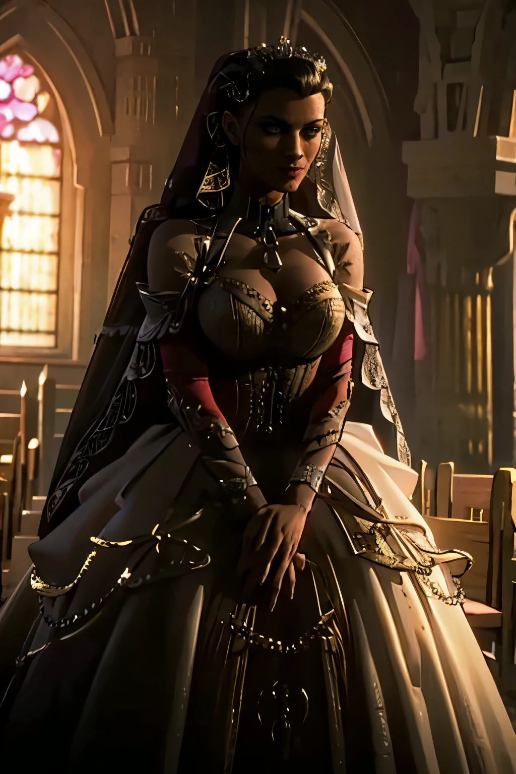 (masterpiece, best quality:1.3)MortalMileena, 1girl, solo, black hair, wearing a wedding dress, bridal veil, inside a empty church,