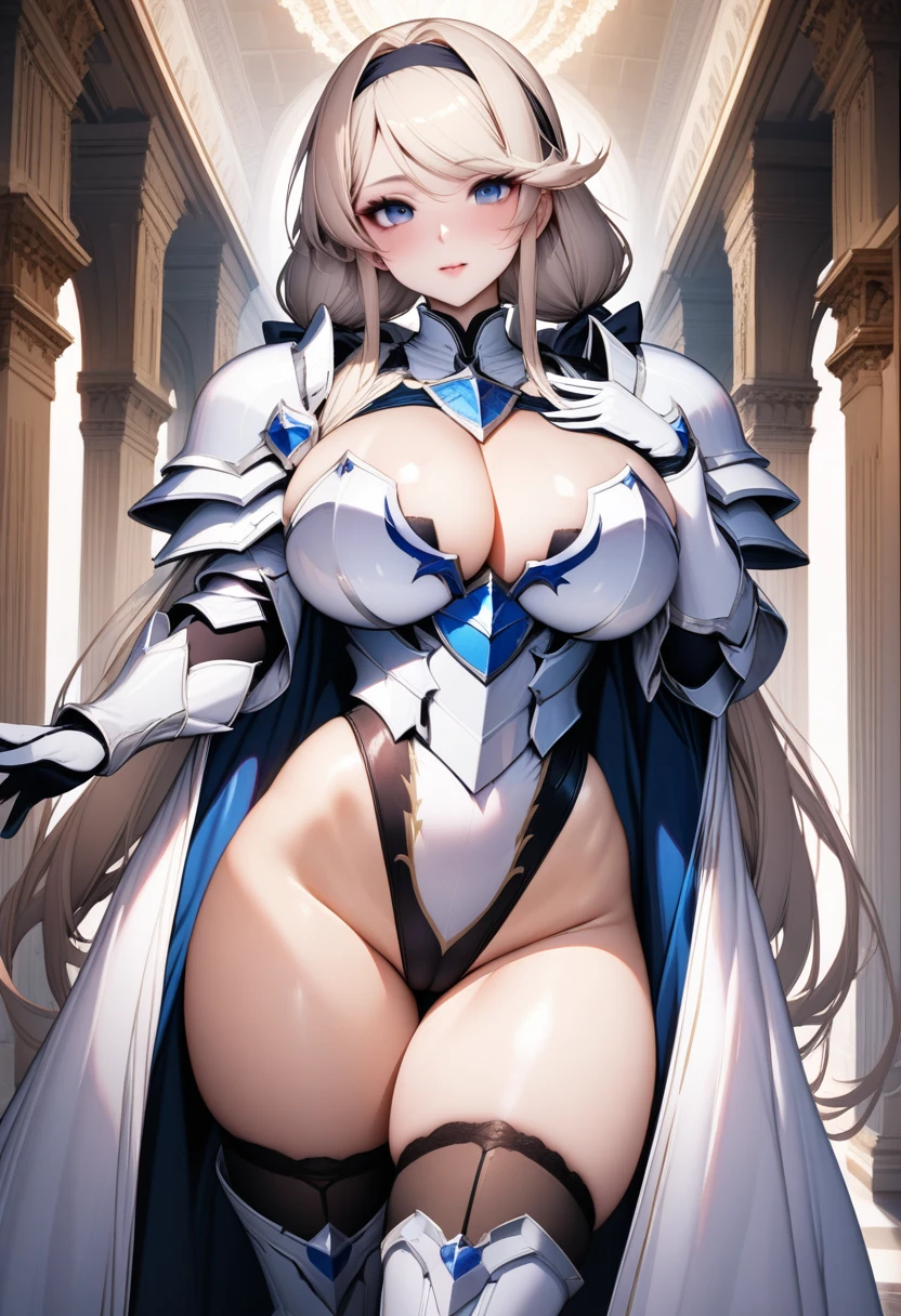 ((UHD)),((masterpiece)),((highest quality)),((8k)),(solo),1girl,perfect face,((white paladin armor:1.5)),((armored breastplate)),((platinum blonde long low twintails hair)),((swept bangs)),((huge breasts)),((black high leg leotard inguinalbrown thigh)),((Tight thigh-high boots:1.2)),((long gauntlet gloves)),(tight cleavage),gleaming skin,skindantation,princess manteau de cour,hair band,Raglan sleeve,tight size,Side slit,Jumpsuit,hair bow,long coat,curvy,Perfect and beautiful blue eyes,perfectly accurate hand,precise five fingers,perfect fingers,makeup,Azur Lane,(Soft cameltoe:0.8),Royal Palace corridor,the best professional lighting,