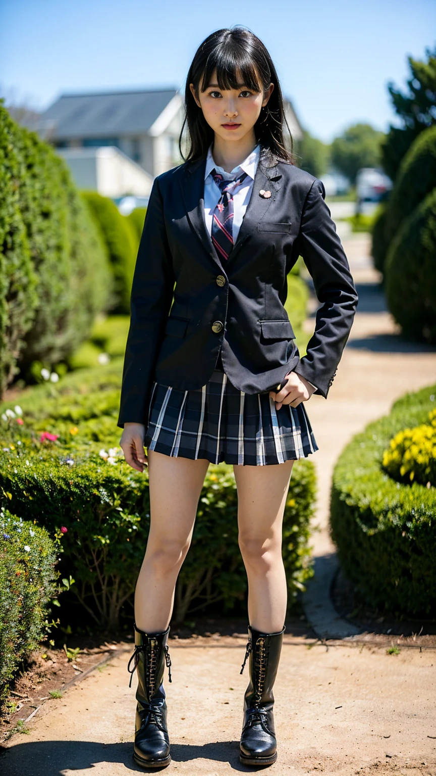 (8k、RAW Photos、Highest quality、masterpiece:1.2)、(Realistic、Realistic)、1 person、((Black blazer、Schoolgirl uniform、shirt、tie、チェックmini skirt、Medium Hair、mini skirt、Thin legs、boots、View from the front、Looking into the camera、garden、Stand with hands on hips))、cute