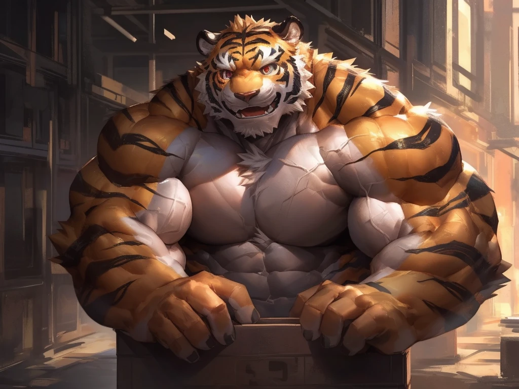 by_lindong, digital art, masterpiece, solo, 1boy, 1man, Huge muscular tiger, in the box, cute, cute expression, focus eyes, detailed ,detailed muscle, background