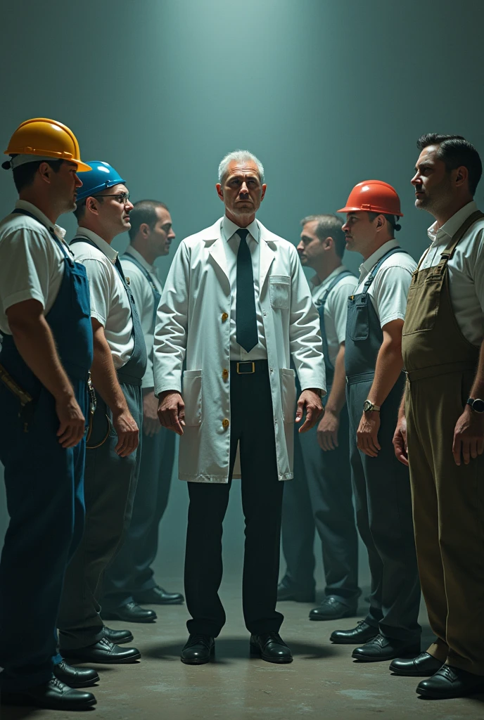 Men wearing uniforms and equipment.p.i working naked in a milk factory
