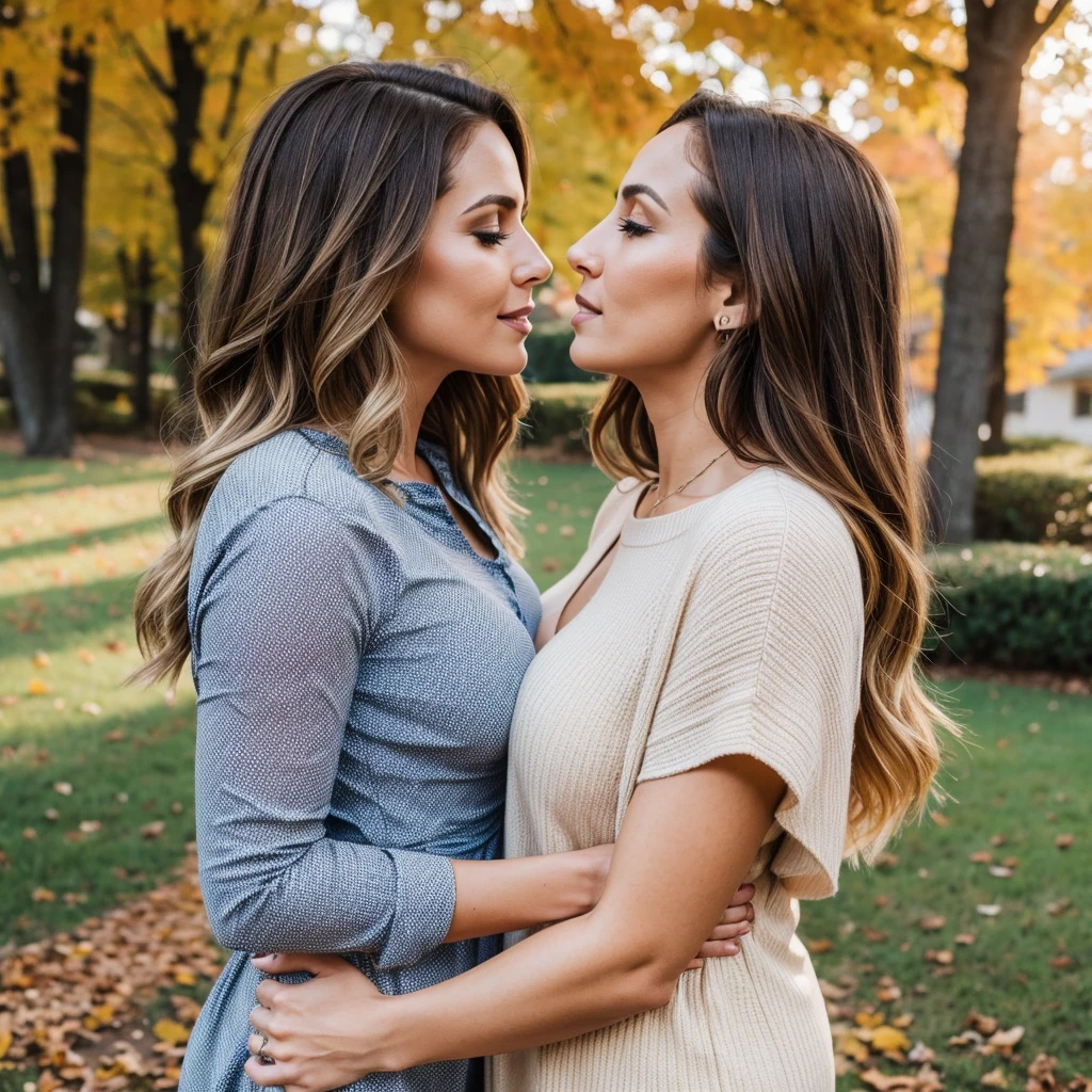 2heads, two headed mom, age 44, curvy, pale skin, brown hair, casual clothes,