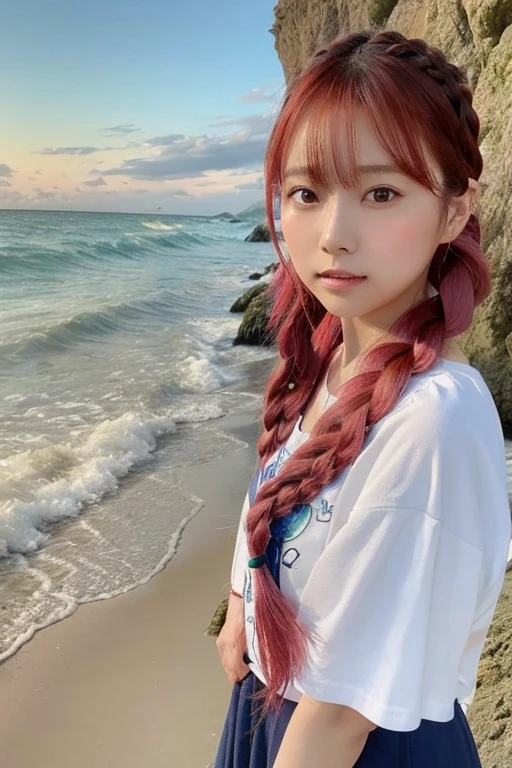 A beautiful Japanese woman with shoulder-length hair styled in a braid, her hair a bright pink shade. She is wearing a plain white T-shirt and standing at the beach, looking directly into the camera with a soft, confident expression. The scene is framed from the knees up, showing the gentle sea breeze moving her braid slightly. The ocean waves crash softly in the background under a clear sky, with sunlight reflecting off her vibrant pink hair, creating a calm and peaceful atmosphere at the beach., UHD.