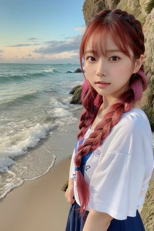 A beautiful Japanese woman with shoulder-length hair styled in a braid, her hair a bright pink shade. She is wearing a plain white T-shirt and standing at the beach, looking directly into the camera with a soft, confident expression. The scene is framed from the knees up, showing the gentle sea breeze moving her braid slightly. The ocean waves crash softly in the background under a clear sky, with sunlight reflecting off her vibrant pink hair, creating a calm and peaceful atmosphere at the beach., UHD.