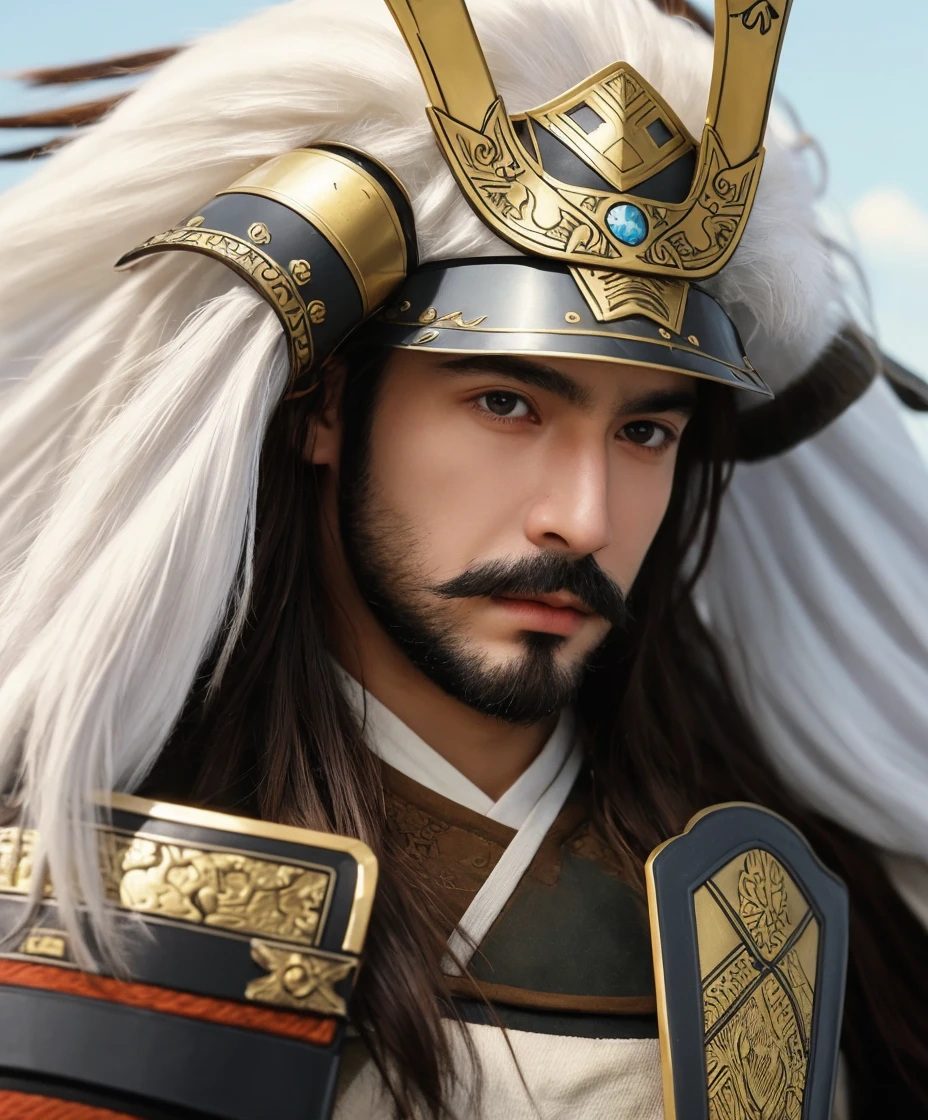 Close-up of a person wearing a helmet and sword, Authentic, Authentic shiro, Zhao Yun, Inspired by Hu Zaobin, Inspired by Fan Quan, Inspired by Woo Bin, Chinese Warrior, Epic Samurai Warrior, Inspired by Cao Zhibai, samurai portrait, Inspired by Yasutomo Oka, From the Sengoku period