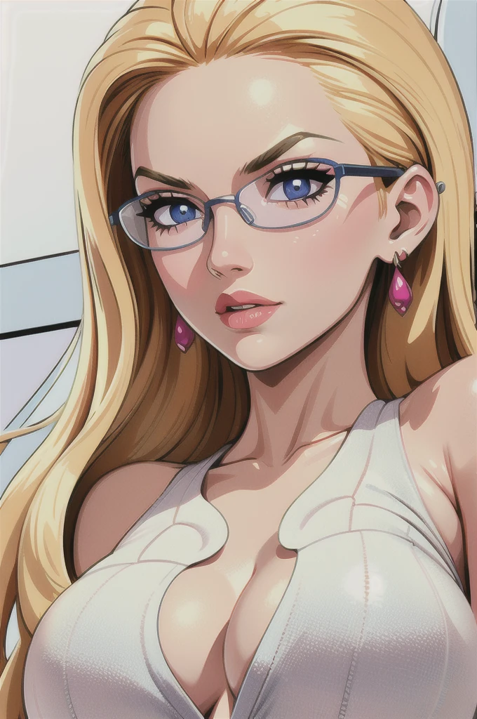 ​masterpiece, (Ultra detailed background, delicate pattern, complicated details), (Very detailed, fine details), best quality, beautiful lighting, (((slim girl))), (portrait, face shot),  KalifaV2, 1 girl, alone, blond hair, Long hair, (Glasses, Jeans), blue eyes, jewellery, ear rings, complex detailed background, sexy Pose, big boobs , NUDE 