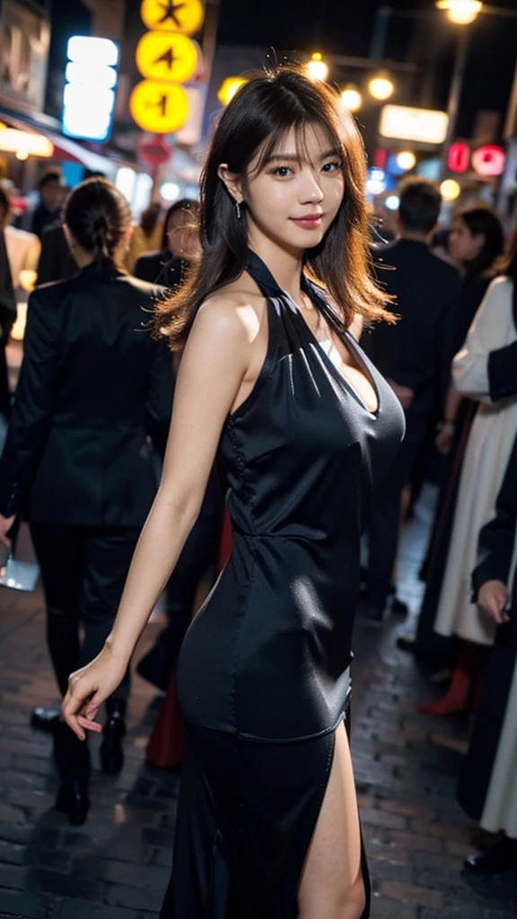 Elaine,shoulder-length black hair,eyes browns, thin lips, Round face, breasts big, in the club dancing wearing a sensual dress ,detailed artwork.