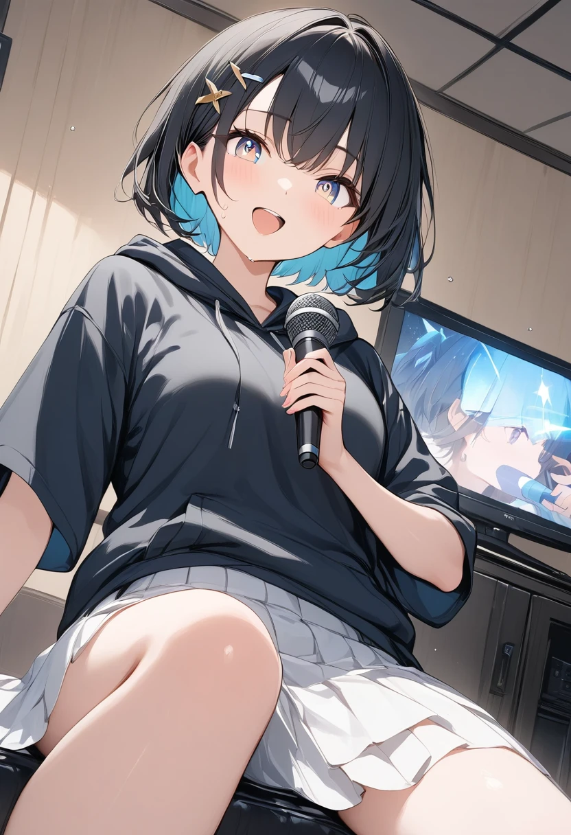 anime、((Amazingly absurd)),(masterpiece:1.2),超High resolution, Attention to detail, high quality, High resolution, 最high quality, 4K, 8k、Holding a microphone、Black hoodie、White Skirt、Black Hair、short hair、In a dark room、In front of the TV、Happy expression、Sweat、Shining Eyes、Like a jewel、Open your mouth wide、sing、Angle from a diagonal