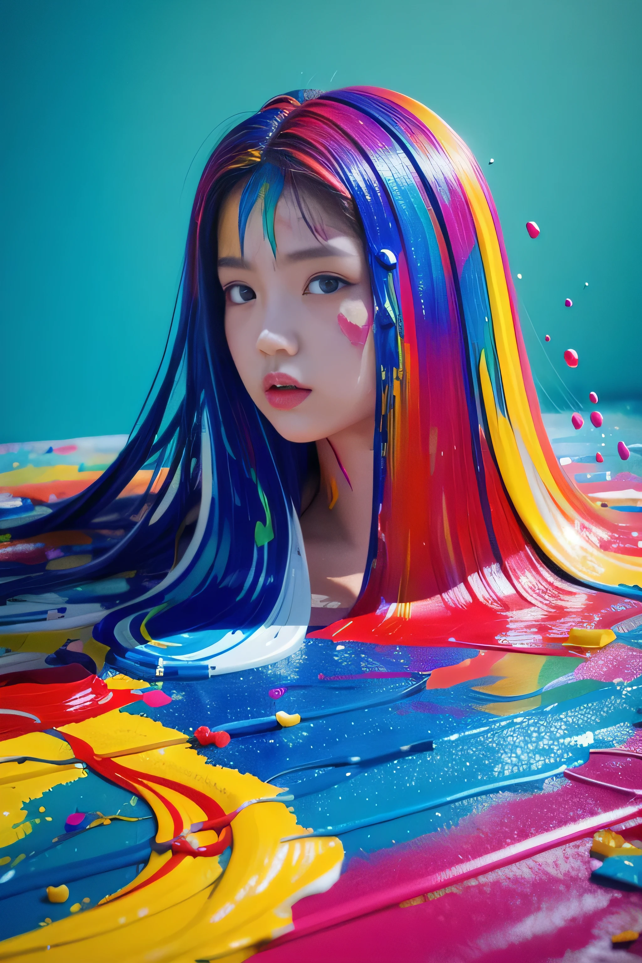 One person,(Super cute face),Baby Face,Expressionless,Japanese,,(liquid paint hair:1.1) ,(A thick, copious amount of paint flows onto a naked body.:1.4),(Paint splashes:1.3),Liquid state,((Colorful, heavy, and rich enamel paint:1.4)),Amazingly beautiful, masterpiece, Detailed Background,Super high quality model, Fantastic Background,Abstract Beauty, Explosive volumetric, oil,Scattered beneath the surface,8k,High resolution, dream-like,Ray Tracing,High resolution,God&#39;s Rays,(Bottom angle),((Thick paint that covers a medium-sized bust:1.4)),(She is bound by chains:1.4),spread_arms,