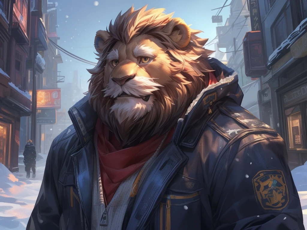 by_lindong, digital art, masterpiece, solo, 1boy, 1man, Huge muscular lion, snow, fur jacket, old, bearded, mustache, urban city, cute, cute expression, focus eyes, detailed ,detailed muscle, background