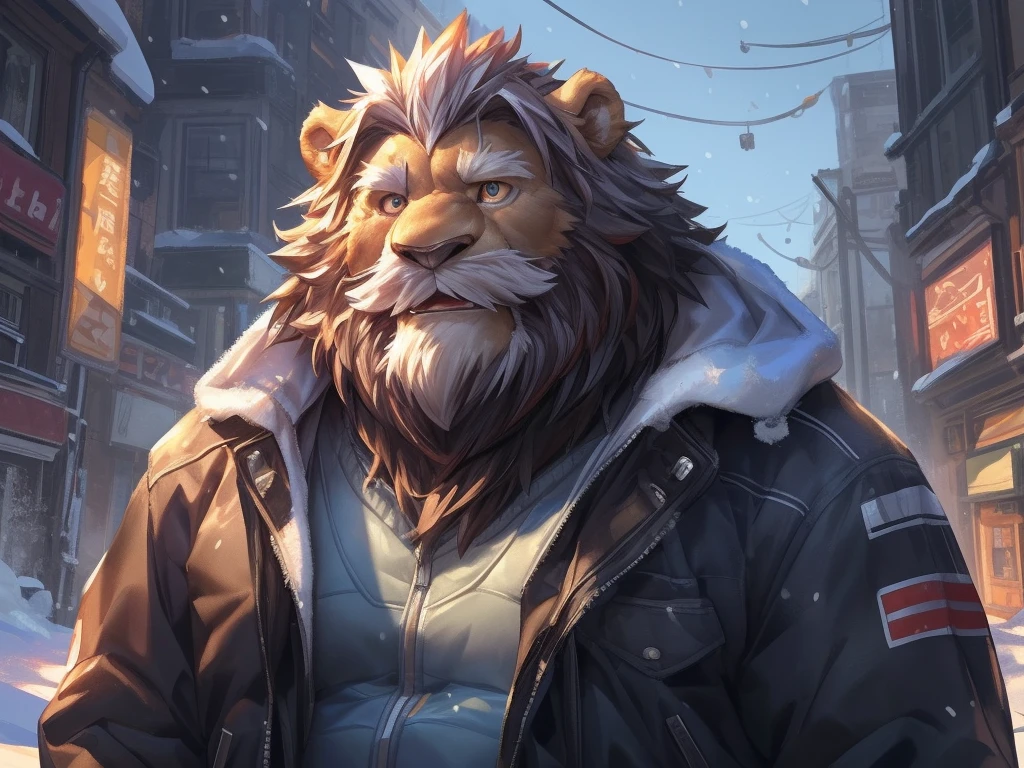 by_lindong, digital art, masterpiece, solo, 1boy, 1man, Huge muscular lion, snow, fur jacket, old, bearded, mustache, urban city, cute, cute expression, focus eyes, detailed ,detailed muscle, background