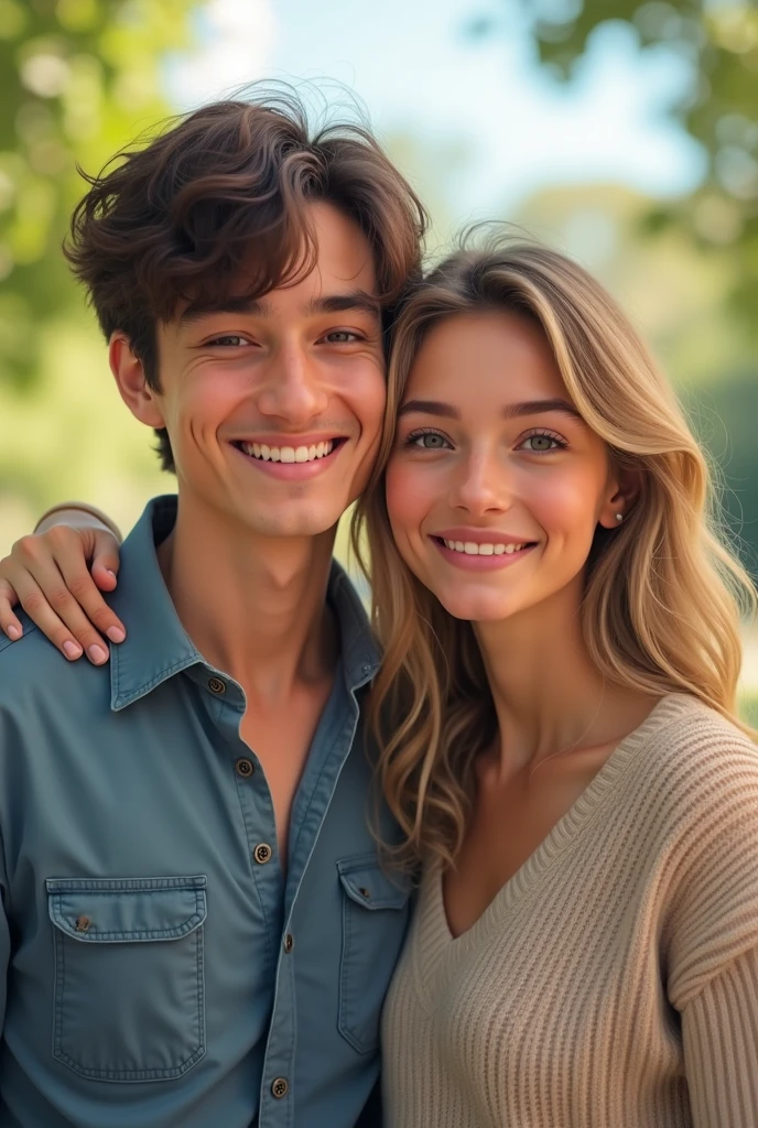 hetero couple 22 years old, highlights wearing a casual clothes with a wedding rings highly detailed, innocent face, natural wavy hair, hazel eyes, Beauty 1 couple, 1 couple beauties, Casual clothes, attractive male, attractive man, attractive young man, beautiful young man, portrait of beautiful young man, A hyper-realistic, Smiling expression, party birthday hiquality, Couple group, smiley, smiley, streaked hair, Nikon, Canon, Fujifilm, HD, 4K, 8k, 16k, highres