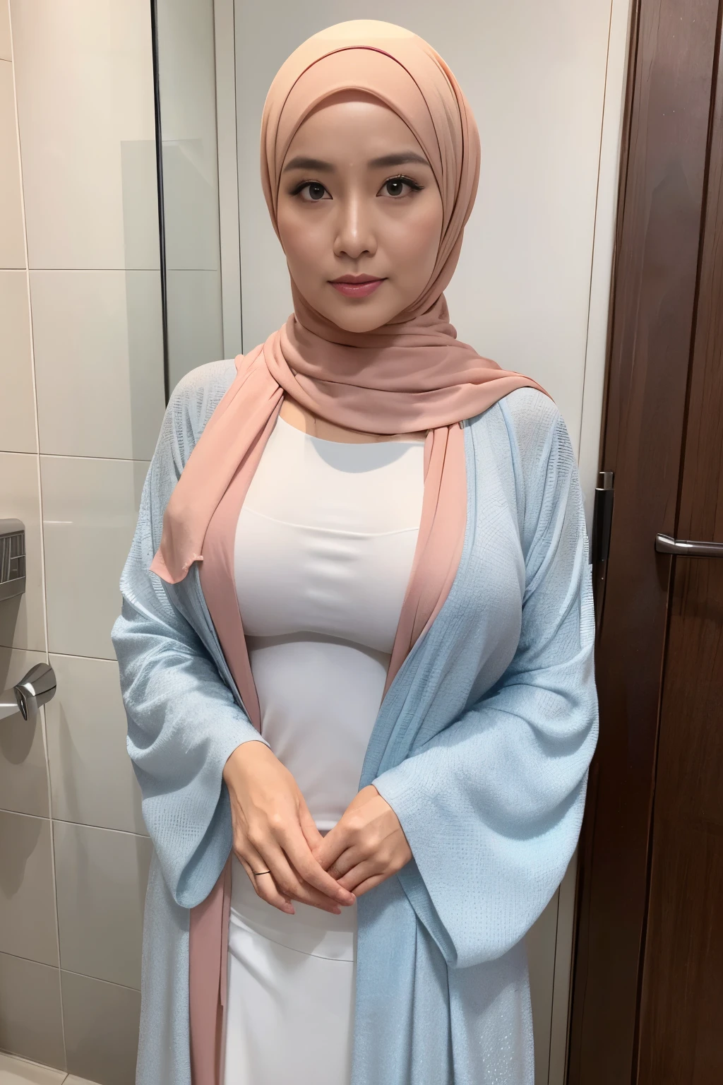 1 matured malay girl, 25 years old, girl in white hijab, huge breastILF)), ((MILF body shape)), chubby, ((wear a very thin brisible pubic hair)), ((slip areolae)), ((slip pubic hair)), bedroom, whole body, ((medium breast:1.1)), ((extremely detailed erected nipples)), seducing, sexy pose, (8k, RAW photo, best quality, masterpiece:1.2), (realistic, photo-realistic:1.37), ((overexposed breasttremely detailed fingers)), ((visible underboobs)), ((lifting both boobs by both hands))