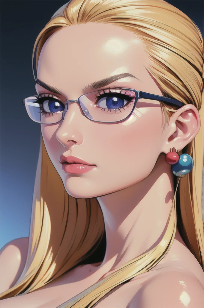 ​masterpiece, (Ultra detailed background, delicate pattern, complicated details), (Very detailed, fine details), best quality, beautiful lighting, (((slim girl))), (portrait, face shot),  KalifaV2, 1 girl, alone, blond hair, Long hair, (Glasses, latex), blue eyes, jewellery, ear rings, complex detailed background, sexy Pose, big boobs , NUDE, 