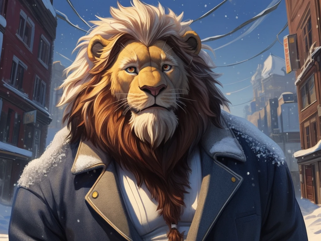 digital art, masterpiece, solo, 1boy, 1man, Huge muscular lion, snow, fur jacket, old, bearded, urban city, cute, cute expression, focus eyes, detailed ,detailed muscle, background