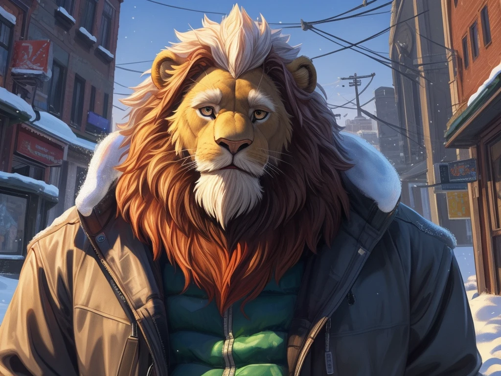 digital art, masterpiece, solo, 1boy, 1man, Huge muscular lion, snow, fur jacket, old, bearded, urban city, cute, cute expression, focus eyes, detailed ,detailed muscle, background