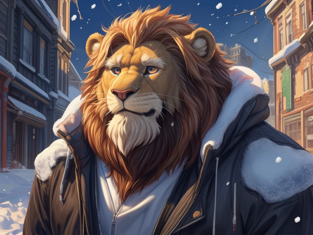 digital art, masterpiece, solo, 1boy, 1man, Huge muscular lion, snow, fur jacket, old, bearded, urban city, cute, cute expression, focus eyes, detailed ,detailed muscle, background