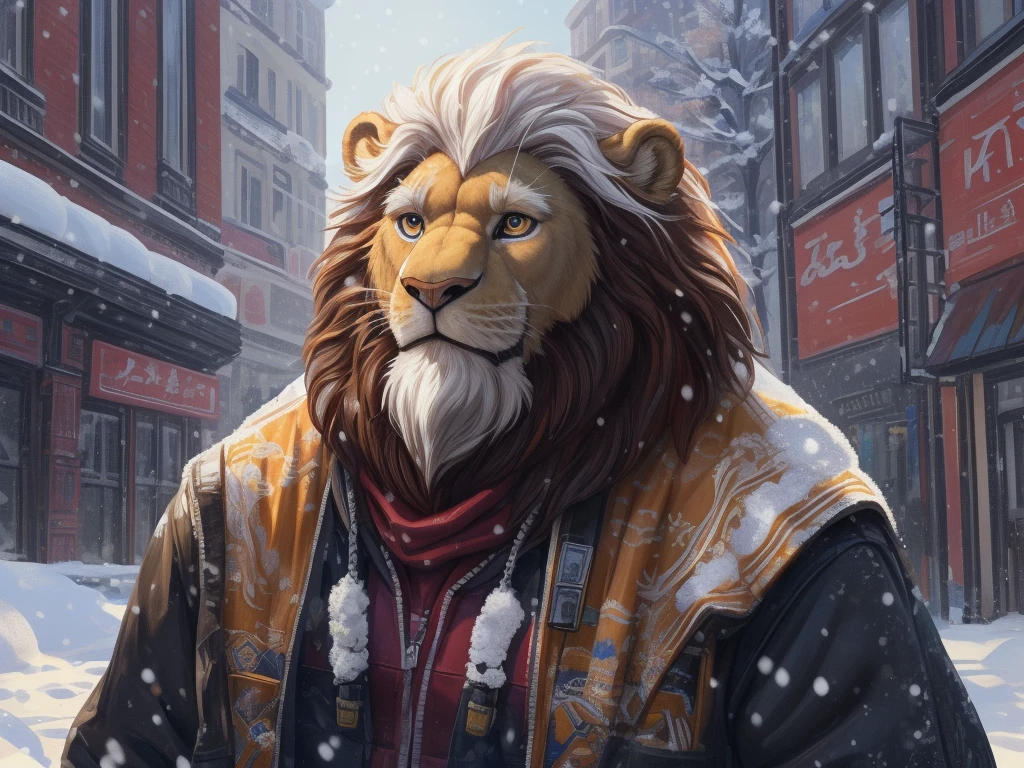 digital art, masterpiece, solo, 1boy, 1man, Huge muscular lion, snow, fur jacket, old, bearded, urban city, cute, cute expression, focus eyes, detailed ,detailed muscle, background