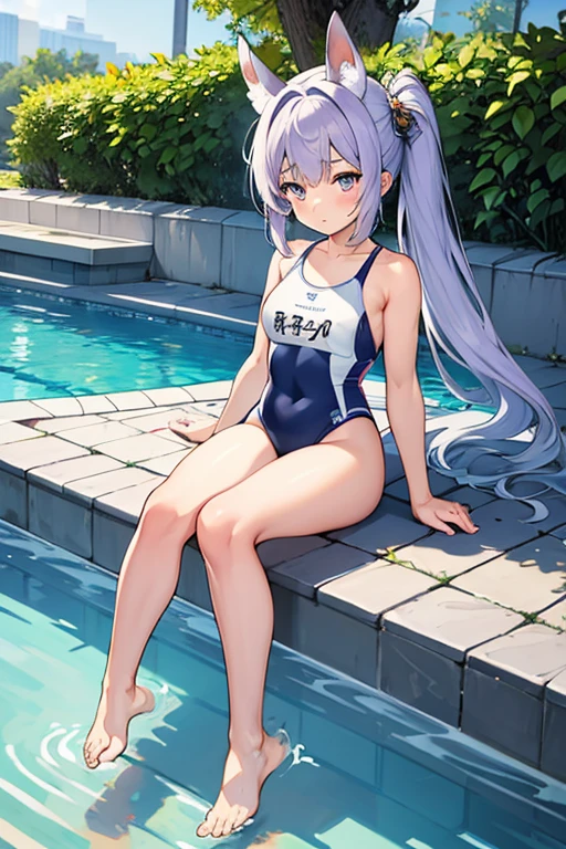 (masterpiece,best quality,ultra-detailed), an anime girl who is, calm angel. She has lavender long hair with straight bangs and high ponytails, periwinkle eyes, eurasian eagle-owl ears and wings, wearing a competition swimsuit and ankle straps, barefoot, sitting down at a swimming pool, one leg lift up, feet focus, sole, toes, calmly looking at the viewer