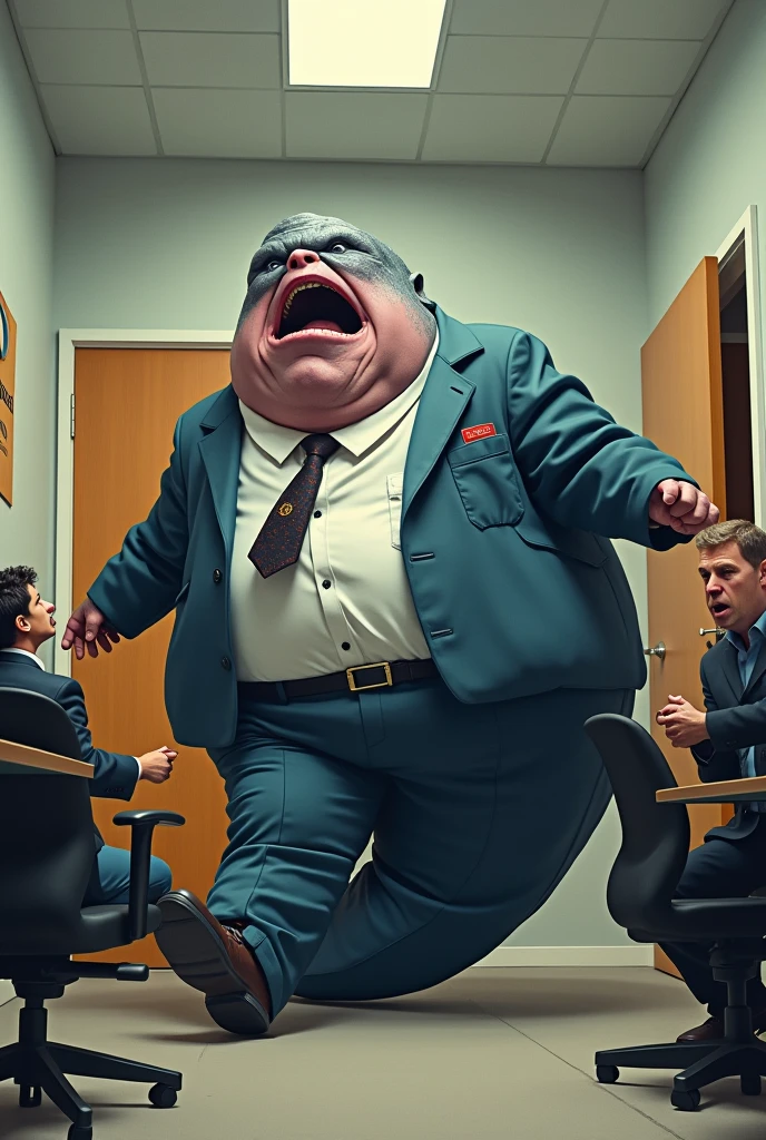 Prostration、bow down、Fat old man in a suit、Lots of desktops、Apologizing to a giant PC