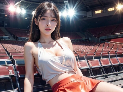 (realistic, photo-realistic), (a Japanese woman), (glamorous, tanktop, cleavage, micro mini skirt, audience seats of stadium, audience sitting on seats), (Skin glistening with slimy sweat, Luminous skin, Shiny glowing skin), (big thigh, armpit, close eyes, open mouth),