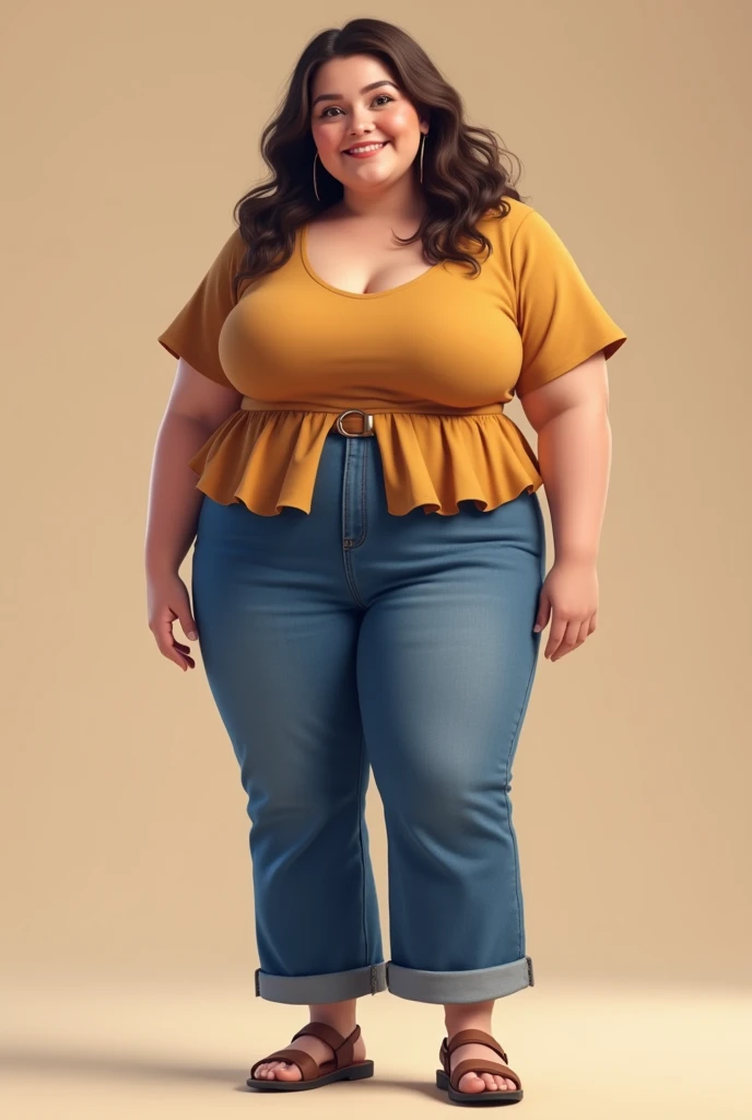 Fat Woman body, skin Brown, SMALL curly red hair,crop top yellow writen "Lisiane " on it and jeans ,and , blue and blue tones hearts, diamonds, pearls, illustration, 3d render, photo, realistic, black eyes, anime, photo, fashion, typography, illustration