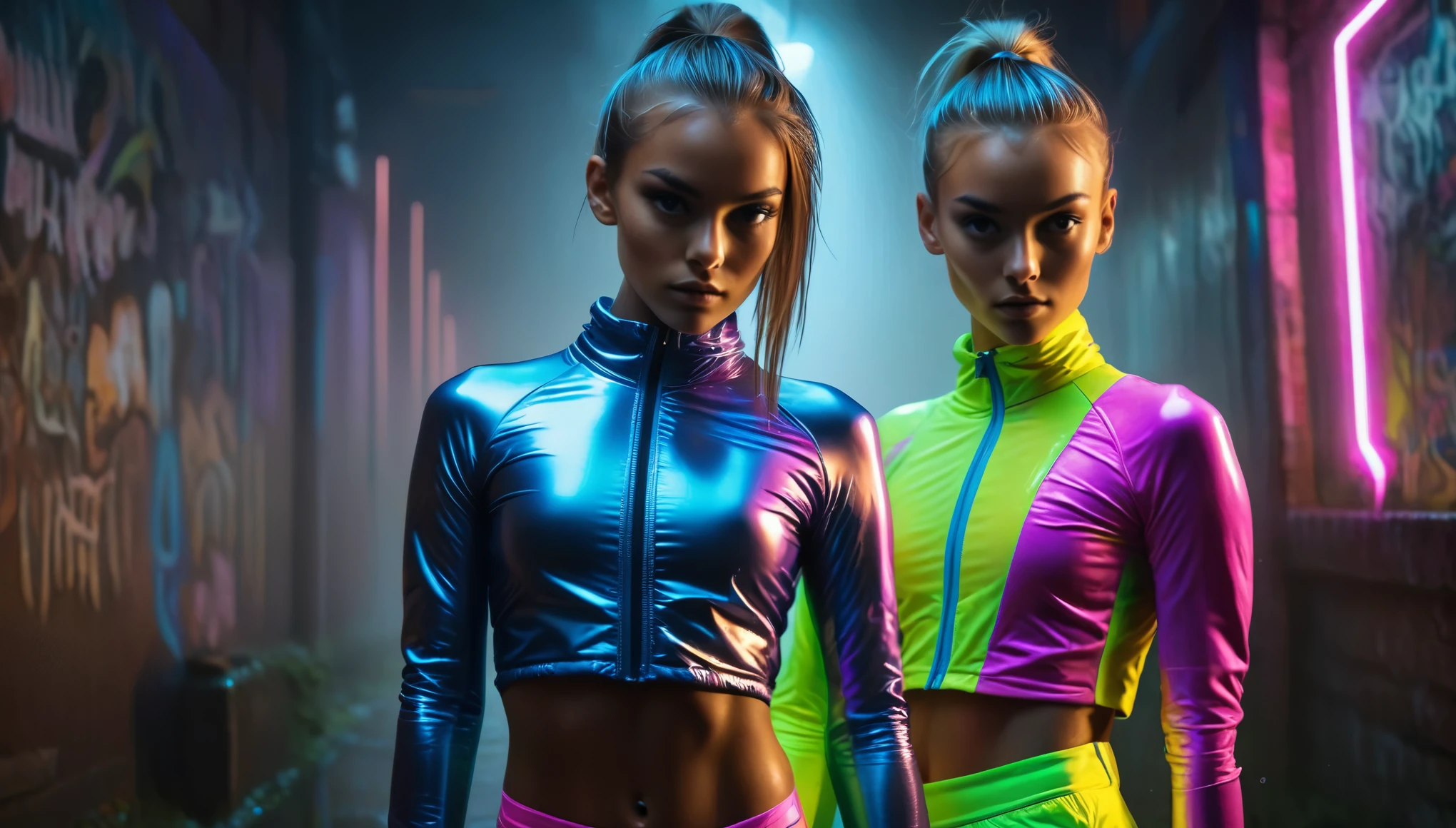 8k, high resolution, masterpiece, ultra-detailed, full body shot, ((((two cute tanned barely legal girls in an oversized and loose shiny puffer with plunging cleavage, wide neckline, deep neckline, random neon color, wetlook leggings)))), BREAK ((medium perky breasts, small hips, detailed face, long slick ponytail side shaved hair, some tattoos)), BREAK (((in a dark dungeon, moody atmosphere, random dramatic and neon colors, intricate details, at night with ambient light from behind, full body shot, random pose)))