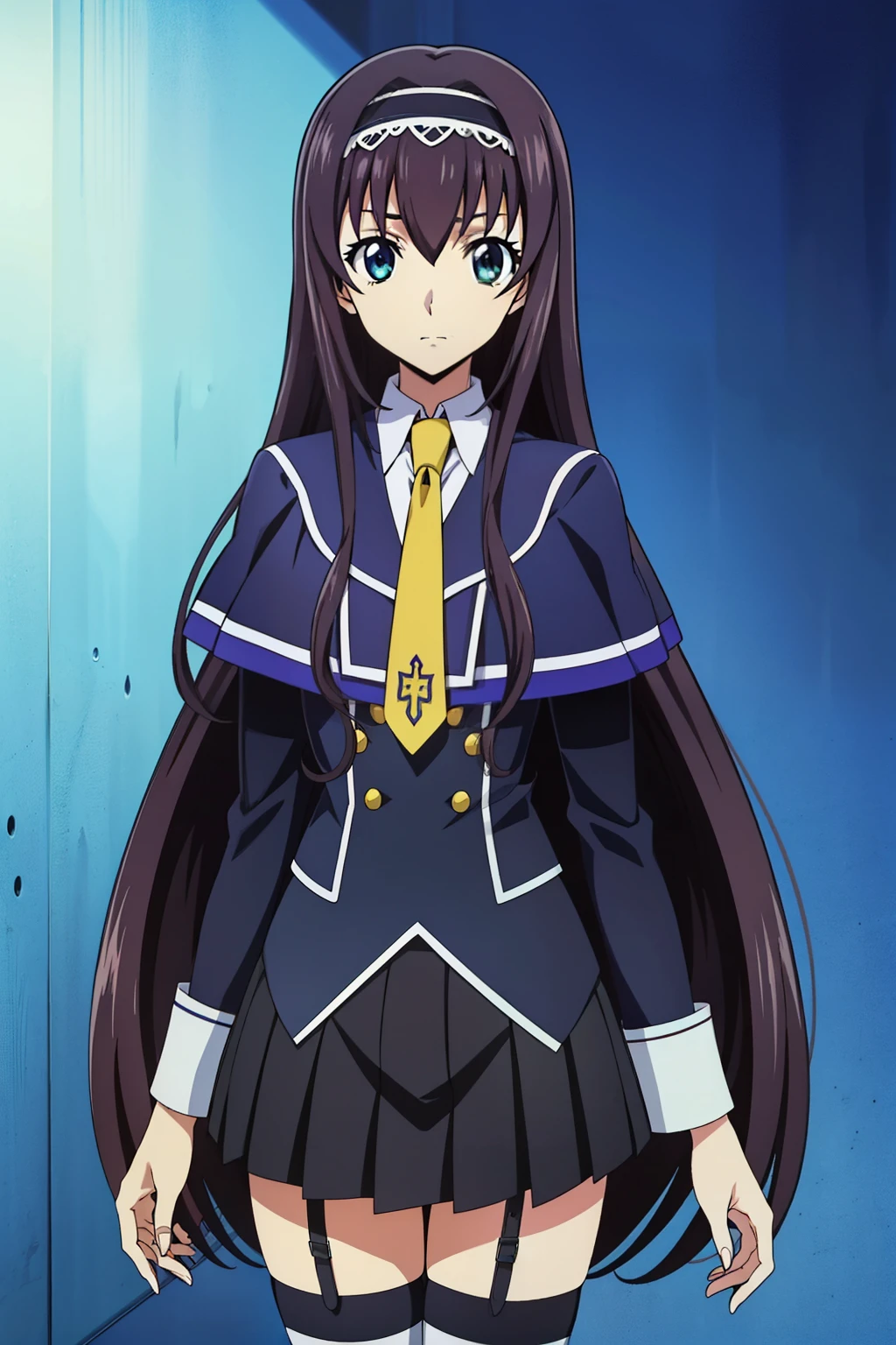 a girl, dark blue background, ((slender body)), (skinny), (thin thighs), Long, Slender legs, narrow waist, inside prison cell, jacket,black_skirt,緑のtie,miniskirt, tie,Knee-high socks,white_Legwear, Capelet,school uniform,Pleats_skirt, black_hair,length_hair,green_eye,前hair,garter_strap, hairband, ((hairband)), Animeセル画スタイル,masterpiece, Highest quality, Very detailed, a Anime女の子, Naughty anime style, Anime, Naughty style, Naughty, Digital anime art!!, Anime Style, Official artwork, Visual Novel CG, 美しいAnime, Anime Style (Animeセル画スタイル, masterpiece, Highest quality, High resolution, Anime Color, Megami Magazine:1.2, Anime poster style, Anime key visual, sharp, 8k, Realistic), (美しいeye:1.5), One girl, cute, blackhair, (Perfectly detailed anatomy, Perfect Arms, Perfect Fingers, Beautiful Face, Perfect body, Glowing Skin)