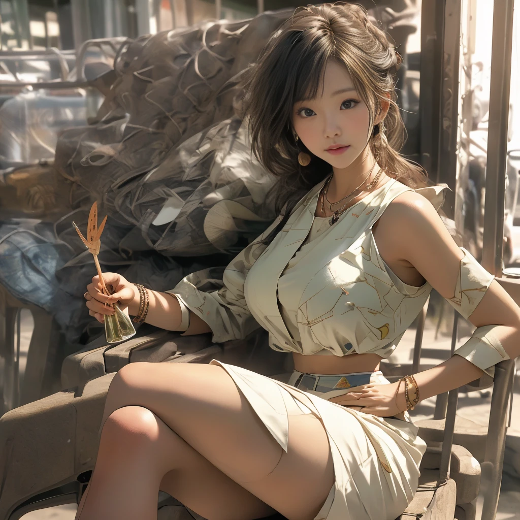 masterpiece, top quality, highly detailed, Unity 8k wallpaper, (riding a crane truck), firmament, girl 1 person, heavy machinery, gradient hair, hair between eyes, ahoge, : 16,ooking back, pretty face, white neeso,