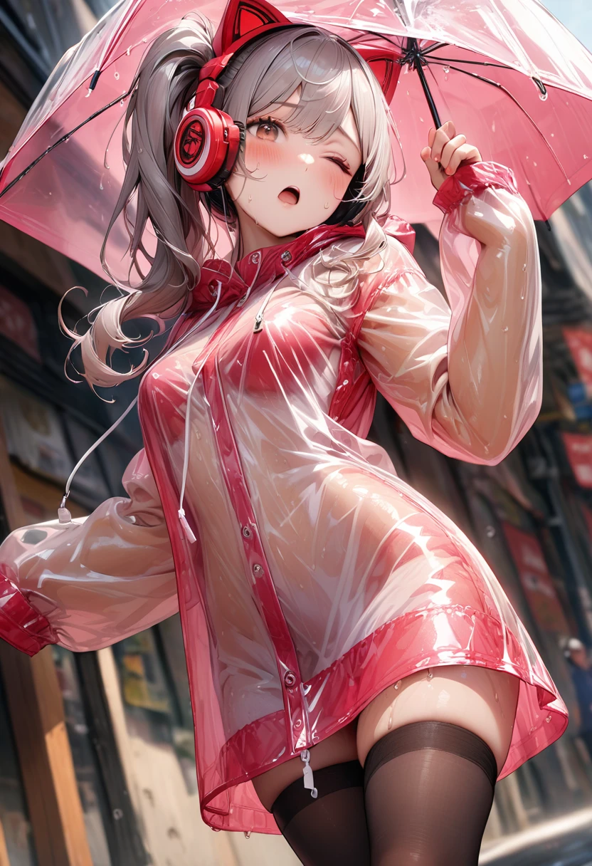 (best quality, masterpiece:1.2), 8k, very aesthetic, absurdres, high resolution, detailed face, official art, beautiful eyes, realistic, brown eyes, tareme, (side ponytail), long hair, silver hair, swept bangs, Mecha cat ears, headphone, food, (put on oversized Transparent raincoat), Sleeves that cover the wrists, (red pencil dress, silk dress), medium breasts, (cleavage:0.8), black thigh-highs, boots, (white panties, cameltoe:0.7), textured skin, BREAK zettai ryouiki, (hand holding umbrella), head tilt, one eye closed, open mouth, sigh, blush, sweaty, rain, full body, (dutch angle:0.8), 