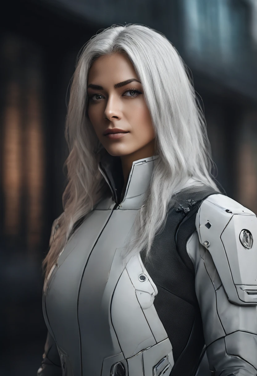 [Character: A2] (Occupation: Assistance Android) (Facial Features: Long silver hair, large deep eyes with a serene and determined expression) (General Appearance: Fitted and modern outfit, predominantly black with white accents) (Personality: Efficient, professional, with a deep and personalized connection to Eduardo) (Quality Properties: best quality, highres, 8k, masterpiece, photography) (Visual Effects: (Chiaroscuro: 1.5), high contrast, (Bokeh: 1.5), (Fuji colors: 1.5), film grain) (Setting: Futuristic technological environment, with details highlighting the integration of aesthetics and functionality)