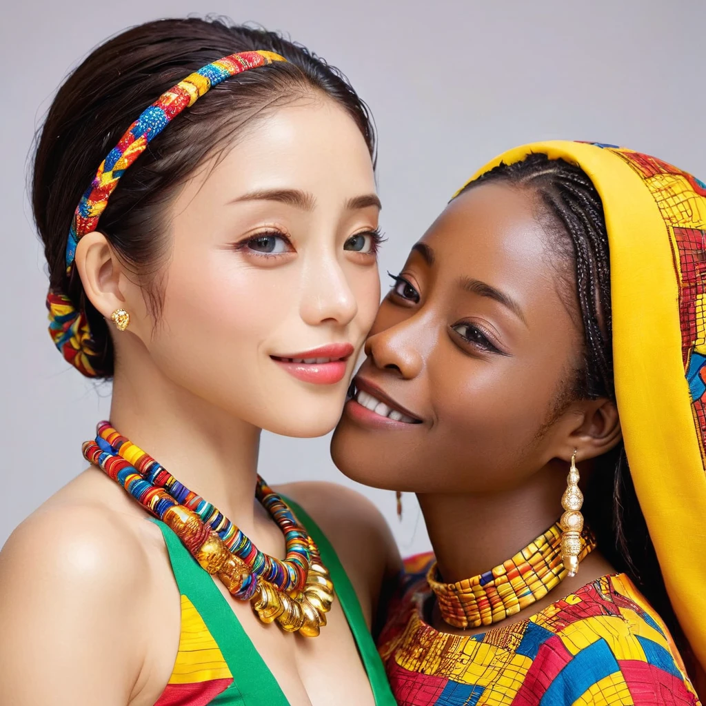 ((Highest quality)), ((masterpiece)), (detailed), （Perfect Face）、The woman is Satomi Ishihara, a beautiful Japanese woman with black hair, finely braided hair like an African woman, large breasts, beautiful proportions, and an engagement ring.、The woman is smiling and dressed in the gorgeous and glittering colorful Ghanaian national costume with gorgeous accessories.、A woman is hugging, kissing and making love to a middle-aged Ghanaian man with a beard in Ghana