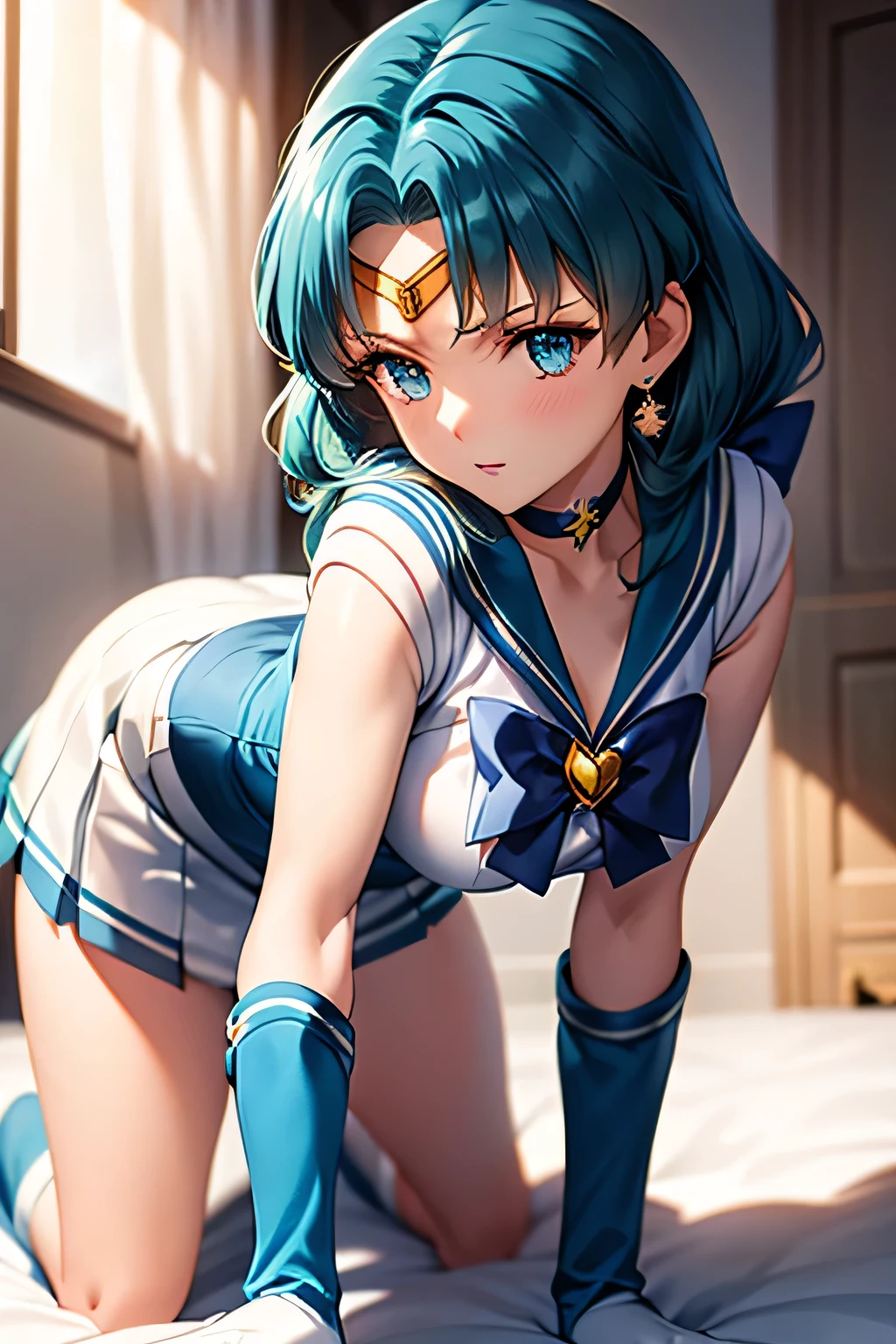 masterpiece, Highest quality, High resolution, Realistic, Show more1, tiara, Sailor Warrior Uniforms, Blue Skirt, Blue sailor collar, tiara, bow, Knee Boots, choker, White gloves, ((blue choker)), elbow gloves, jewelry, Earrings, Pleated skirt, At the bed, Angle from below, ((Spreading pussy:1.3)), Showing nipples