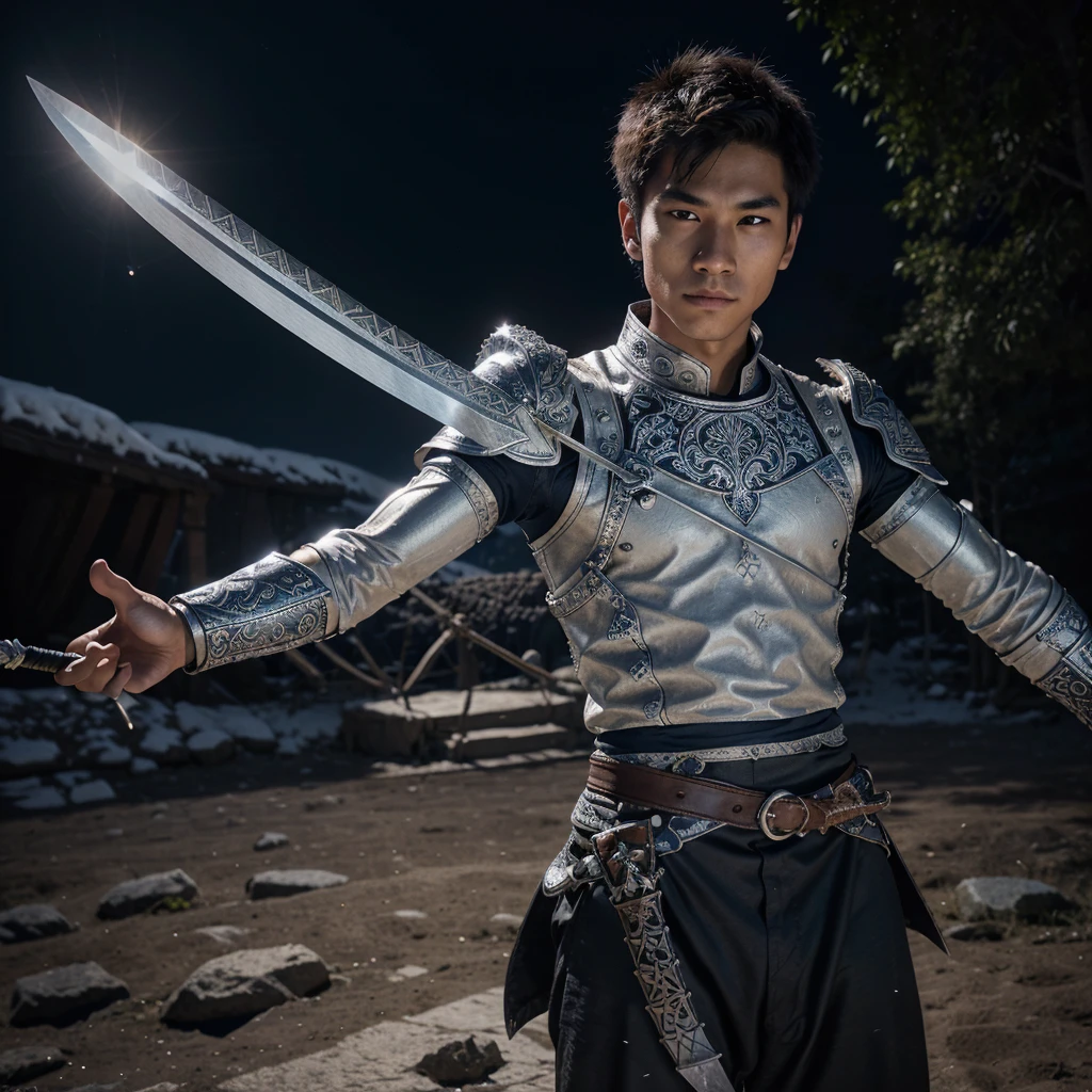 featuring hyper-realistic Asian youths with cool hair. The young man is seen from a close angle, focusing on his body and arms. Holding a sword with both hands. The sword has intricate designs on the hilt and radiates energy or electricity along the blade, indicating that it may have special powers or abilities. This character's yellow and orange clothes are covered in very detailed bones, resembling bone-covered clothes made of silver. There were bone fragments on the wrists and shoulders, as well as blue flames around the forearms. The center of the sword says "Days-Art". Mountain background at night, lunar eclipse covers the night