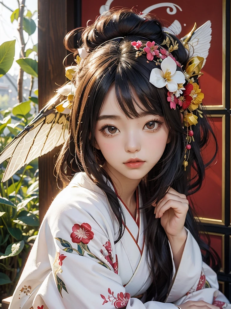 1girl, solo, light pink cherry blossoms, long hair, a flower, bunch, pinbanqiao, Bada Shanren, delicate eyes, porcelain skirt, beauty, medium breasts, gauze skirt, light red lips, best, master, High quality, bird, detailed eyes, the swing is under the cherry tree, the girl is on the swing, bright eyes, laugh, happy, smile, happy,