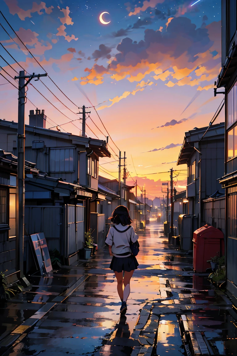 Highest quality, beautiful, Night Moon, A comet flies by, Tokyo, Alley（Girl leaning against wall), cloud, sunset, Sunset, Attachment Platform, shinkai makoto、Starry Sky、after the rain、